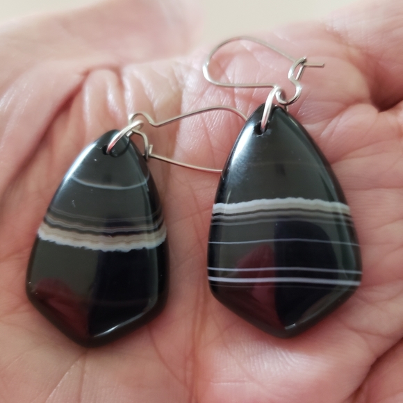 Earrings,  new black onyx jasper polished gemstone dangles. - Picture 2 of 2